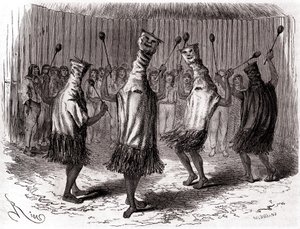 Ritual Dance of the Ticuna Indians of Peru Wearing Disguises and Masks by Edouard Riou