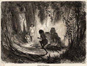 The cooking of pottery by the Conibo Indians of Peru, with the presence of an old woman who sings and dances around the fire to prevent evil spirits from coming to touch and break the pottery, drawing by Riou to illustrate the voyage, from 1848 to 1860, of by Edouard Riou