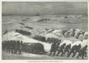 The departure of the Alert sleds, ship of the polar expedition, drawing by Riou, to illustrate the story of a voyage to the polar sea in 1875-1876, by Captain G.S.Nares. Engraving in Le tour du monde by Edouard Riou