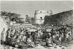 The Fruit Market of Zanzibar (Tanzania). Engraving by Riou, to illustrate the story 