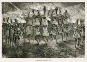 The torchlight walk through the streets of San Jose (drawing by E. Riou, to illustrate the journey in the Titicaca region and the valleys of the east of Lower Peru, 1873 by Paul Marcoy. Engraving in 