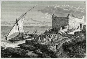 With the dung of travelers entering the harbour of Moguedouchou (Mogadishu), sailors make a huge racket to attract the people who welcome them with shouts of enthusiasm. Engraving by Riou, to illustrate the story 
