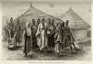 Women of Samory Toure war chief of the Niger loop and their supervisor, Sonninke, who knows how to read and write Arabic, as evidenced by the paper he holds in his hand. Engraving to illustrate the story From Niger to the Gulf of Guinee by Captain Louis Gu