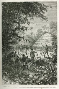 Yacouman, Roucouyenne chief, tribe of Guiana on the banks of the Oyapock, chasing the devil, he walks through the village after the birth of a child, sprinkling a milky white liquid with a feather brush, engraving after a drawing by Riou, to illustrate the by Edouard Riou