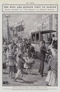 King Edward VII and Queen Alexandra encountering a religious procession on a street during their visit to Naples, Italy
