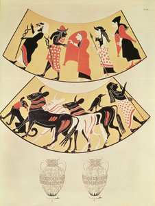 Designs from an Etruscan vase depicting a procession of priests and marking out a new city