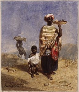 An Afro-Brazilian Woman Leading a Small Boy with Her Right Hand, Holding a Fruit Bowl with Her Left