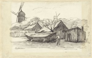 Boat, Houses and a Windmill by Eduard Karsen