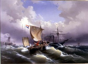 Vessels in Choppy Water off a Coastline by Eduard Schmidt