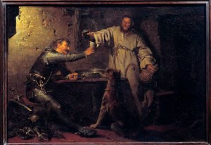 Middle-aged warrior toasting with a hermit in a tavern. Painting by Eduard von Grutzner (1846-1925) 1878