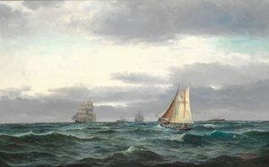 Marine with Several Ships, Gray Rainy Clouds and a Bit of Blue Sky