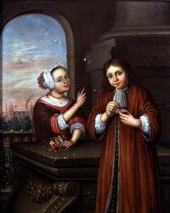 Girl Pointing at a Boy Blowing Bubbles in an Architectural Setting by Edwaert Colyer or Collier