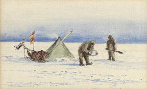 The sledge party to White Island, February 1902: Shackleton and Wilson making camp by Edward Adrian Wilson
