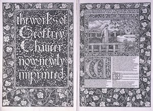 Title page and opening page from the Kelmscott Press edition of The Works of Geoffrey Chaucer by Edward Burne Jones