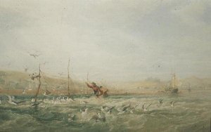 Fishermen Chasing Seagulls from the Nets, Mumbles, South Wales by Edward Duncan