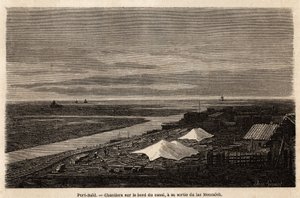 Port Said shipyards, on the edge of the Suez Canal, at its exit from Lake Menzaleh, drawing by Grenet, to illustrate an excursion to the Suez Canal, in 1862, by Paul Merruau. Engraving in Le tour du monde, edited by Edouard Charton by Edward Grenet