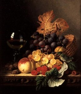 A Basket of Grapes, Raspberries, a Peach and a Wine Glass on a Table