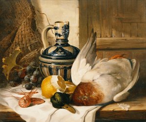 A Mallard, a Jug, a Peeled Lemon, Grapes and Shrimps on Draped Ledge by Edward Ladell