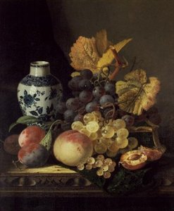Grapes, Peaches, Plums and Currants with a Blue and White Vase