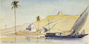 A large Egyptian fellucca on the Nile, in front of the steep banks, with a palm tree and two white marabouts, which accentuate the desert aspect of the landscape by Edward Lear