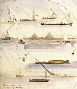 Study of various Egyptian boats, with a scene in front of the pyramids of Giza by Edward Lear