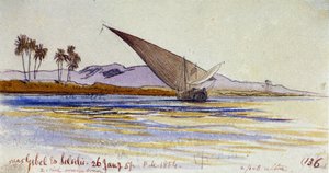 The banks of the Nile, with palm trees and gyassi facing the bank, near Gebel el Silsileh