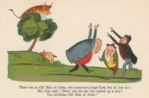 There was an Old Man of Aosta, who possessed a large Cow, but he lost her, from 