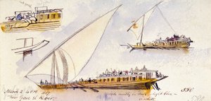 Three Studies of an Egyptian Boat, Carrying Passengers, Near Gau el Kebir (Egypt), with Annotations on the Clothes of the Characters Represented