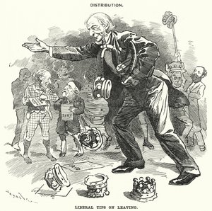 Punch cartoon: Distribution. Liberal Tips on Leaving by Edward Linley (after) Sambourne
