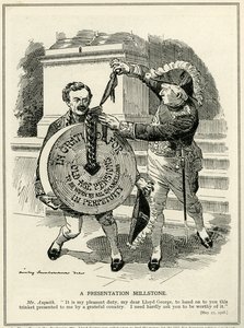 A Presentation Millstone, Prime Minister Asquith presents Chancellor of the Exchequer, Lloyd George, with the Old Age Pensions scheme, 1908 by Edward Linley Sambourne