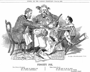 Coalition Government. Duke of Devonshire and Arthur Balfour trying to control Joseph Chamberlain, leader of junior party in coalition. In September 1903 he resigned to be free to advocate his Tariff Reforms. Cartoon by Edward Linley Sambourne