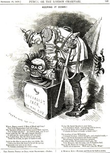 Keeping It Down. Otto von Bismarck (1815-1898) Germany Chancellor, Trying to Force the Jack of Socialism Back in His Box. Cartoon by Edward Linley Sambourne