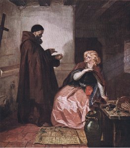 Juliet and Friar Laurence (Romeo and Juliet) Take thou the phial, being then in bed, and this distilled liquor drink thou off, from The Complete Works of William Shakespeare pub. by J Coker & Co Ltd by Edward Matthew Ward