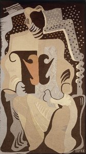 A tapestry depicting a woman seated with a dove on her lap