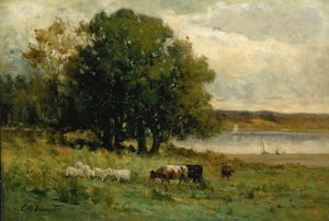 Untitled (cattle near river with sailboat in distance) by Edward Mitchell Bannister
