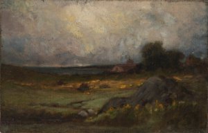 Landscape with Rock in Foreground and Roof with Steeple, Lake in Background by Edward Mitchell Bannister