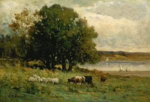 Untitled cattle near river with sailboat in distance