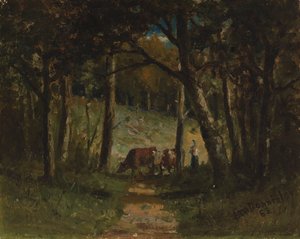 Untitled cows on path in forest by Edward Mitchell Bannister
