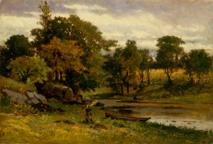 Untitled landscape, boat moored near stream, man walking in foreground by Edward Mitchell Bannister