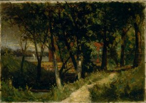 Untitled landscape, forest scene with red fence and building, 1893