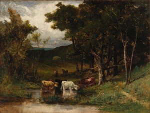 Untitled landscape with cows in stream near trees