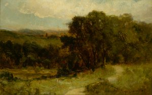 Untitled landscape with road near stream and trees by Edward Mitchell Bannister