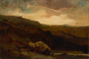 Untitled Mountainous Landscape with Rock and Stream in Foreground