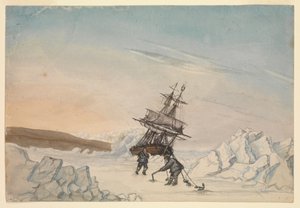 A ship stuck in the ice with two members of crew fixing the ship into ice with four fastenings by Edward Newell Harrison