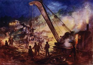 Crane Removing Wreckage from the Scene of a Railway Accident by Edward Parick Kinsella