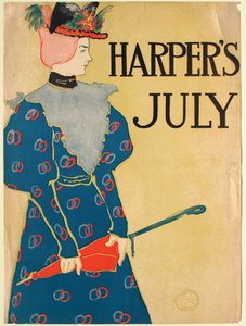 Young Woman in Blue Gown with a Red Umbrella, July Harper