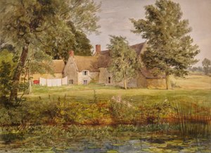 Stone buildings, washing line and lily pond by Edward Pretty