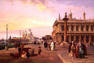 Figures on the Piazzetta, Venice with, Salute Beyond