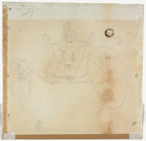 Study for Cab and Front Left Wheel of Coach and Study for Head of Crowned Figure Seated on Top of Coach (verso) by Edward Tennyson Reed