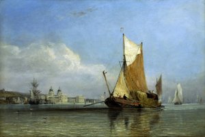 A barge full of hay off Greenwich, on the Thames (England), a type of flat bottom boat, practical for entering the creeks of the Suffolk and Margate farms, went back and forth to the heart of London to supply hay for hundreds of horses in the capital
